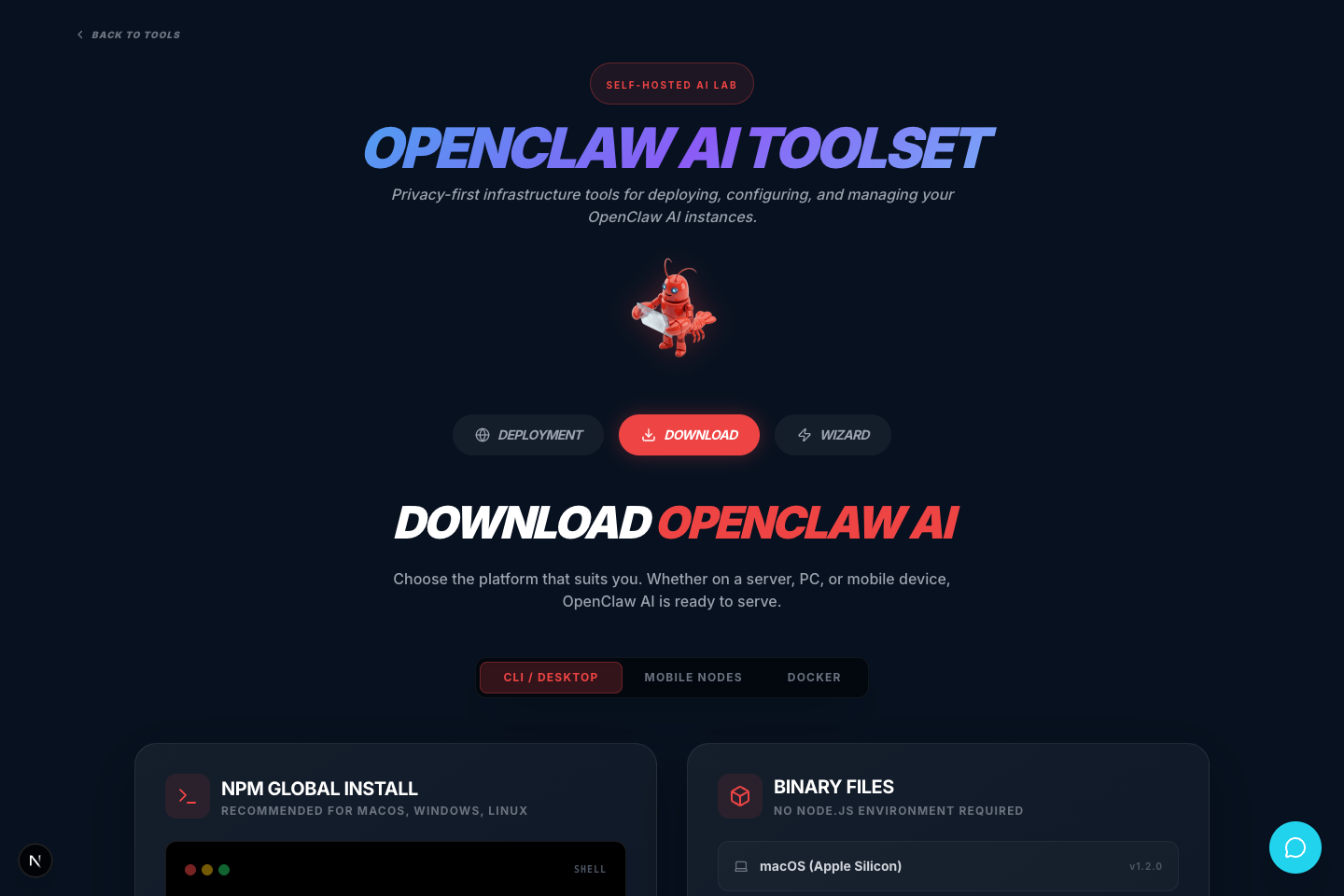 Screenshot of the OpenClaw AI toolkit page