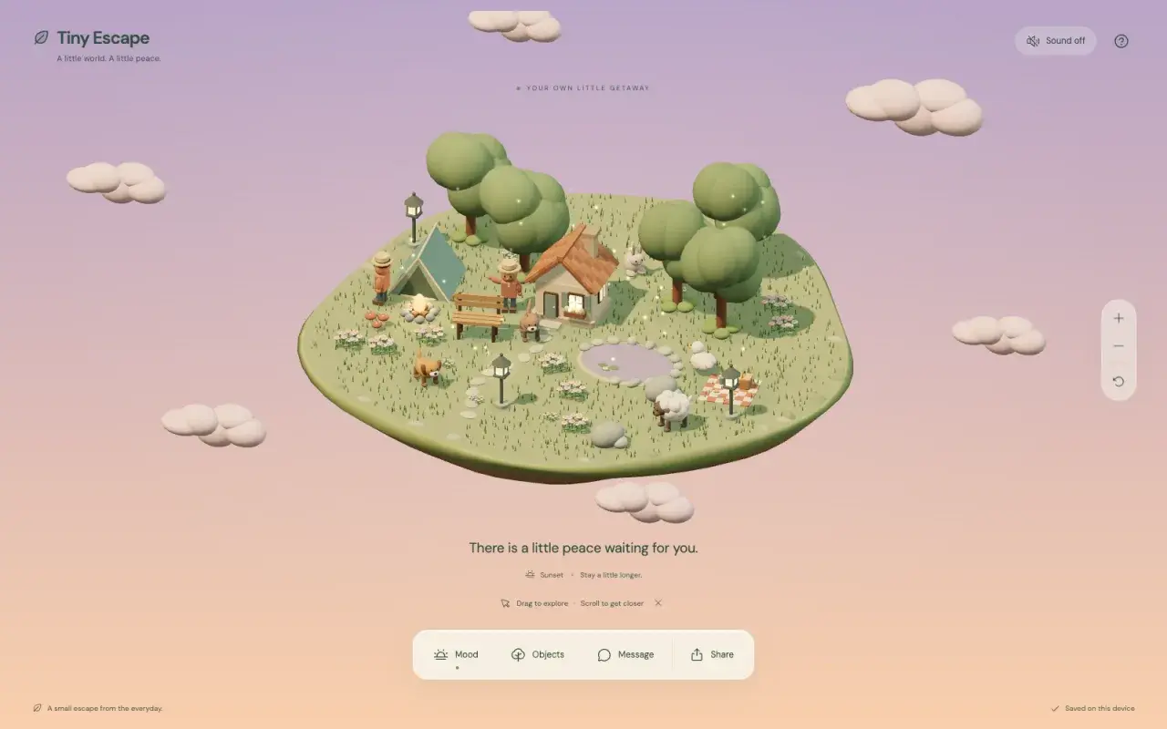 A miniature 3D island with a cottage, tent, trees, animals, and a pond under a sunset sky